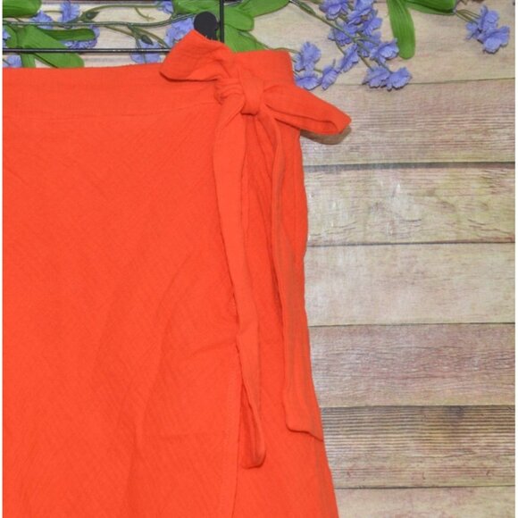 Mud Pie Ladies Red Orange Pull On Midi Skirt Size L Gauzy Cotton Faux Wrap - Picture 4 of 9